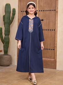 Tween Girls' Spring/Summer Casual Vacation Embroidered Ribbon, Faux Pearl & Tassel Hooded Flare Sleeve Robe, Navy Blue - Blue - View 3