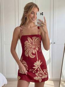Easowa 植物印花女式休闲假日吊带短裙 - 酒紅色 - 查看 9