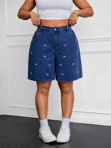 SHEIN ICON 大码休闲水洗牛仔短裤，带蝴蝶结设计 - 深色水洗藍 - 查看 6