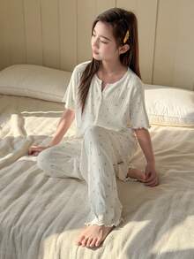 DAZY Tween Girl Floral Print Button Front Short Sleeve Top And Pants Pajama Set - Beige - View 7