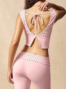 VARSIVA Women's Polka Dot Print Patchwork Backless Cropped Tank Top And Flare Pants Sports Suit - Pink - View 6