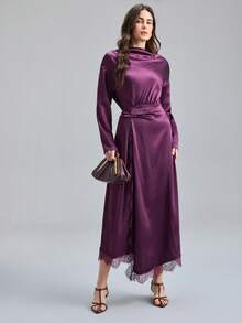 Ontre Vestido Longo de Manga Comprida Elegante com Recortes de Renda e Drapeado em Cor Sólida para Mulheres - Multicolorido - Visão 1