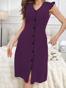 Button-Up Color Block Trim Women's House Dress - Purple - View 5