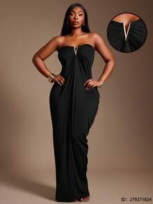 Radiana 大码女式纯色性感优雅褶皱抹胸连衣裙，适合宴会、盛宴、晚宴、复古风、节日、音乐会、嘉年华、郊游等各种场合。 - 黑色 - 查看 1