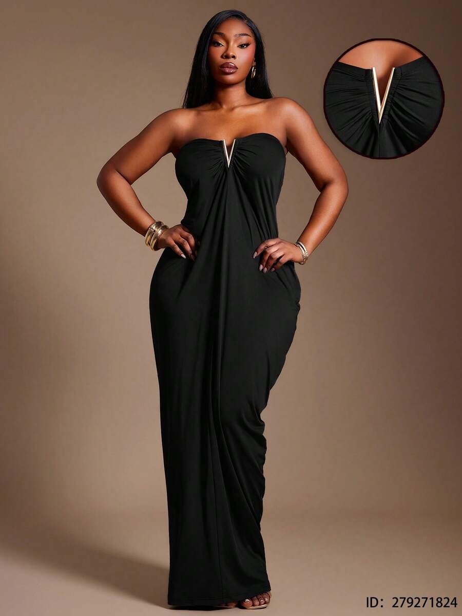 Radiana 大码女式纯色性感优雅褶皱抹胸连衣裙，适合宴会、盛宴、晚宴、复古风、节日、音乐会、嘉年华、郊游等各种场合。 - 黑色 - 查看 1