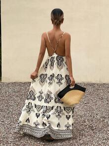 Livesso 春夏几何印花波西米亚休闲度假海滩优雅通勤宽松吊带连衣裙，饰有串珠系带细节 - 杏色 - 查看 4