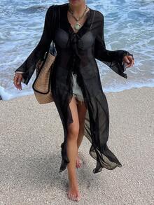 Livesso Women's Vacation Beach Sheer Mesh Ruffle Hem Long Shirt - Black - View 4