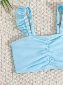 SHEIN 4pcs/Set Girls (Small) Swimsuit Set, Spring/Summer Beach Swimwear Set, New Arrival. Includes Spaghetti Strap Swimsuit Top, Bottoms, Cover-Up Skirt, And Sun Hat. Adorable Strawberry Pattern Makes Girls Cuter, Ruffled Hem Adds Sweet And Lovely Touch. Strawberry Pattern Is Very Cute. 3 Piece Bikini Set Strawberry Print Bikini With Skirt Ruffled Bikini Top And Skirt Girls Two Piece Swimwear Young Girl 3 Piece Swim Suit - Baby Blue - View 5