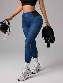 Dewbera Women's Leggings Fake Denim Skinny Pants High Stretch Tummy Control Slim Fit Casual Sports Versatile Best Seller - Blue - View 7