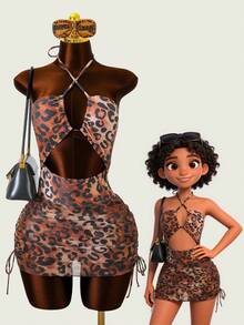 Zestiva Set de costum de baie pentru femei cu imprimeu leopard, top și fustă tankini cu talie înaltă și scobit încrucișat, ținută casual la modă, primăvară/vară/toamnă/iarnă - Multicolor - Vizualizare 1
