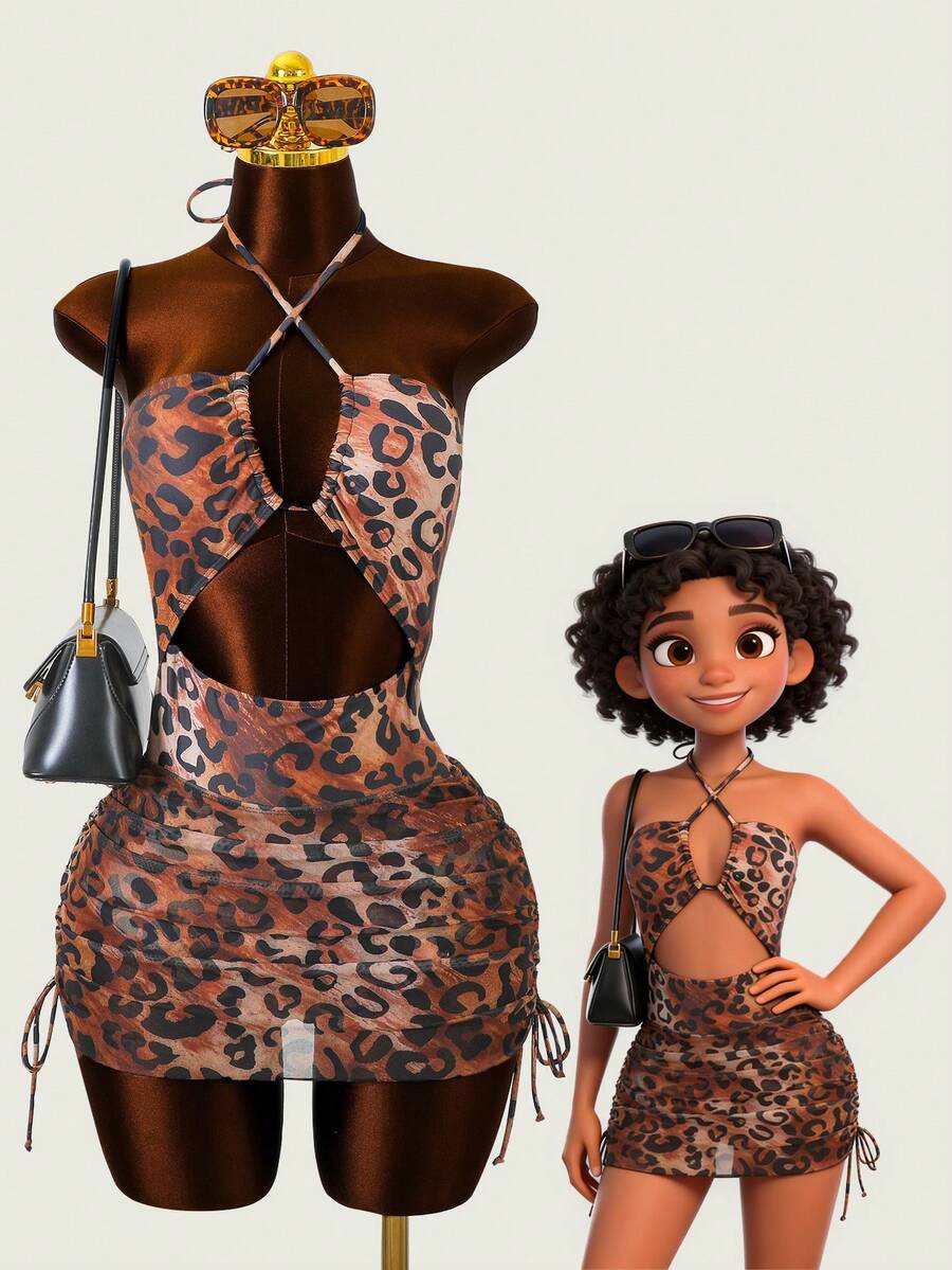 Zestiva Set de costum de baie pentru femei cu imprimeu leopard, top și fustă tankini cu talie înaltă și scobit încrucișat, ținută casual la modă, primăvară/vară/toamnă/iarnă - Multicolor - Vizualizare 1