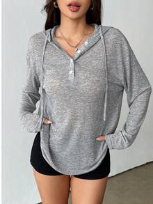 Zielony Women's Casual Loose Fit Gray Hoodie Long Sleeve T-Shirt, Soft & Comfortable, Autumn/Winter Gray Shirt Long Sleeve Top Grey Top Henley Top Grey Hoodie - Grey - View 7