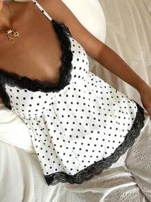 CovetEZ Áo liền thân nữ kiểu babydoll xếp ly ngực phối ren, áo hai dây nữ mùa thu/đông thoải mái, áo mùa xuân/hè, áo hai dây phối ren chấm bi đen trắng, áo Giáng sinh, áo chấm bi, áo chấm bi ngọt ngào, áo hai dây phối ren chấm bi đen trắng. - Nhiều màu - Xem 5