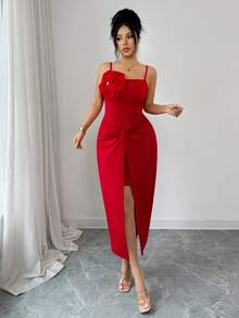 Rafferiza Women's Elegant Red Summer Banquet Dress,Halter Neck Fitted Waist With 3D Floral Embellishments,Midi Curve Party Dress For Bridesmaid,Guest & Date - Red - View 5