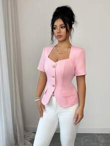 Rafferiza Stylish And Elegant Fitted Short-Sleeved Shirt With Metal Rose Button Embellishments, Women's Pink Spring/Summer Shirt, Women's Wedding Guest Shirt, Wedding Party Shirt, Beach Shirt, Women's Valentine's Day Outfit, 2026 Carnival Women's Style Shirt, Carnival Outfit Shirt, Women's Summer Shirt, Women's Vacation Outfit Shirt, Women's Going-Out Shirt, Summer Top Shirt, Women's Going-Out Top Shirt, Going-Out Outfit Shirt, Women's Holiday Outfit Shirt, Women's Casual Shirt - Pink - View 7