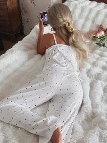 ZzzCrew Women's Knitted Heart Print Lace Trim Camisole And Pants Pajama Set, Cute & Sexy, Suitable For All Seasons