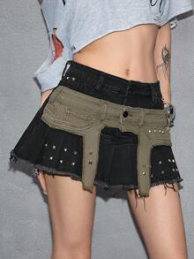 ROMWE Grunge Punk Y2K Punk 2 In 1 Vintage Rivet Decor Low Waist Women Denim Mini Skirt Club Night Out Black Summer - Grey - View 5