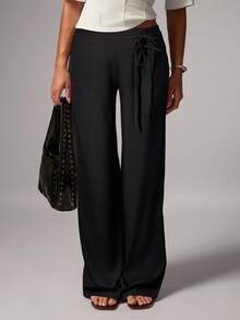 Avenya 女士黑色高腰双腰带系带阔腿裤 - 黑色 - 查看 3