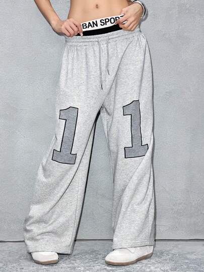 ROMWE Avant Pantaloni casual larghi da donna con vita con laccio e stampa a lettere