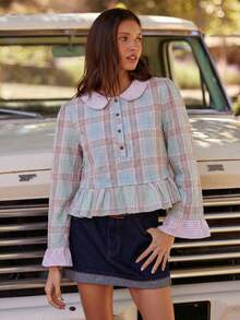 WESTFADE Mixed Plaid & Gingham Collared Button Front Tiered Ruffle Boxy Fit Top Fall, Autumn, Winter, Boho, Casual, Cute, Western Wear, Country - Baby Blue - View 4