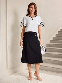 Miaspire 女士撞色滚边V领短袖休闲衬衫白色上衣，外出上衣 - 黑與白 - 查看 5