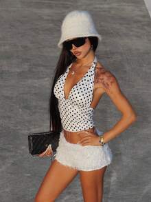 INAWLY Women's Polka Dot Print Spaghetti Strap Backless Fashion Camisole - White - View 5