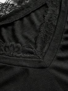 ROMWE 浪漫蕾丝拼接露肩宽松长袖女式T恤 - 黑色 - 查看 3