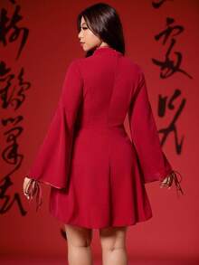 Vionelle Plus Size Chinese Element Button Decor Short A-Line Sleeve Dress, Christmas & New Year Dresses For Women Red Red Long Sleeve Dress Lantern Sleeve Dress Red Casual Dress Red Plus Size Dress Chinese New Year Chinese New Year Chinese Style Dress