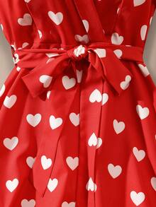 SHEIN Franclia Women's Heart Print Belted V-Neck Vintage Short Sleeve Dress