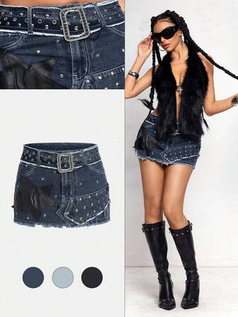 J-Fashion Women's Retro Y2K Sexy Street Grommet Beaded Decor Ultra Low Waist Mini Denim Skirt