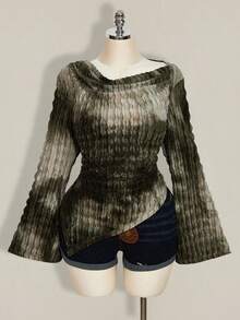 SHEIN ICON Camiseta de manga larga con mangas acampanadas, estampado tie-dye asimétrico, hombros descubiertos, estilo gótico vintage bohemio para mujer talla grande, tops casuales de camuflaje - Verde militar - Ver 4