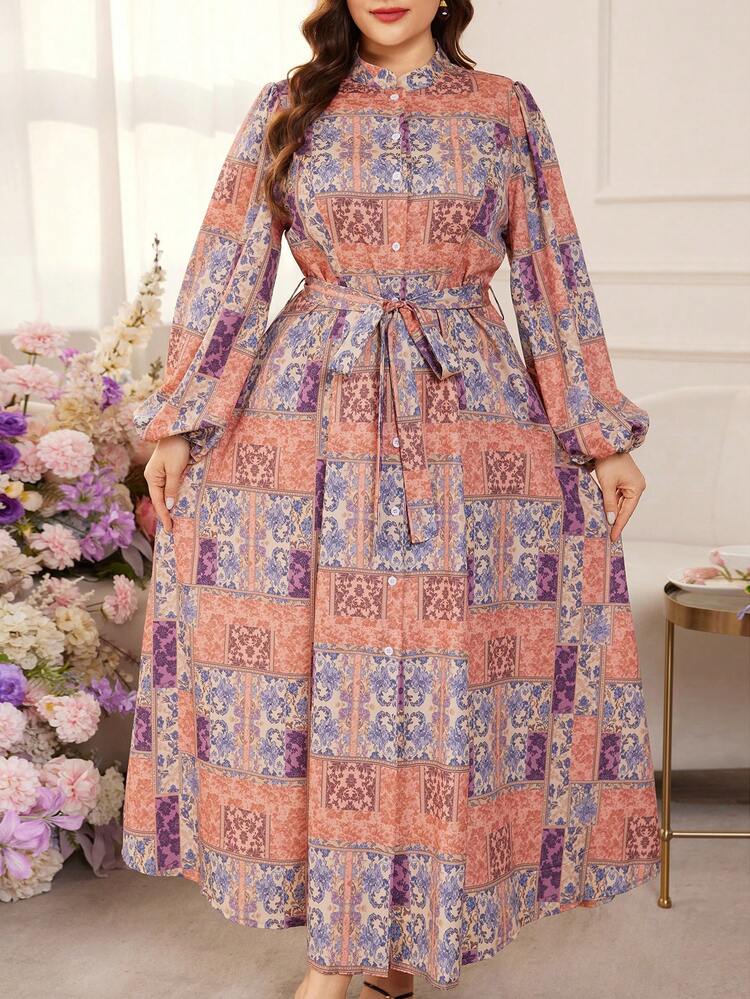 Modelyn فستان أنيق مطبوع بياقة مندرين وأكمام فانوس على شكل خط A مقاس كبير، مناسب للربيع والخريف - متعدد الألوان - مشاهدة 3