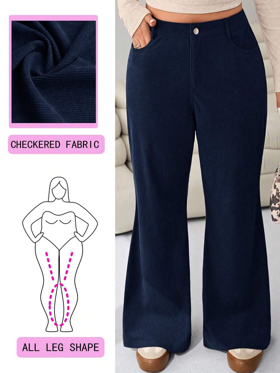 SHEIN EZwear 大码女式休闲喇叭灯芯绒裤,藏蓝色,适合秋冬季通勤、工作和上学穿着。 - 藏蓝色 - 查看 1