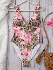 Bonvoyette 花卉豹纹深V领连体泳衣，配有可调节肩带和交叉露背设计 - 彩色 - 查看 3