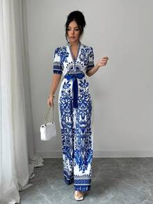 Elenzga 女士优雅腰带阔腿连体裤，印花图案，适合夏季日常穿着 - 藍色 - 查看 6