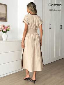 Easowa Đầm midi dáng chữ A rộng rãi, nhún bèo, tay trễ vai, dây rút eo, xẻ tà cao bên hông, 100% cotton, thích hợp mặc đi làm hoặc đi nghỉ mát, phong cách thường ngày thanh lịch cho nữ mùa xuân/hè. - Màu be - Xem 7
