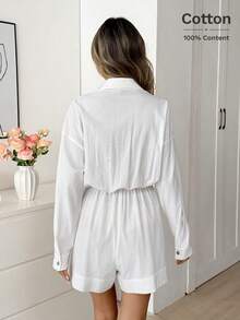 Easowa Women's All White Jumpsuit,Autumn Casual Occasion Lapel Slant Pocket Button Front Shirt-Style Loose Elegant Commuter Vintage Long Sleeve Romper - White - View 8