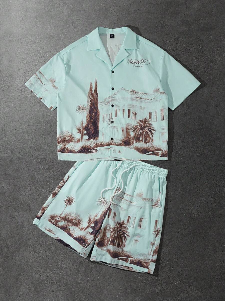 ROMWE MEN Street Life Conjunto masculino de camisa de manga curta com estampa arquitetônica e gola lapela, estilo casual de verão, com shorts de cintura ajustável e cordão na cintura. - Multicolorido - Ver 1