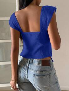 SHEIN EZwear Women's Textured Knit Ruffle Hem Sweetheart Neck Cap Sleeve Elegant T-Shirt, Rave Top - Royal Blue - View 5