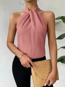 Chiquease Áo sơ mi hở vai không tay màu trơn thanh lịch dành cho quý cô, áo không tay - Màu hồng gỉ - Xem 6