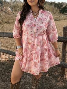 Ceyna Versatile Fashion Printed V-Neck Minimalist Embroidery Hollow Sexy Dress, Spring/Summer - Pink - View 1