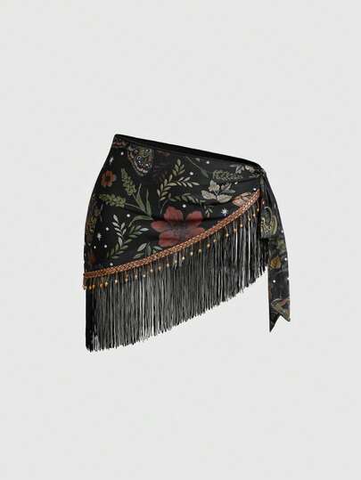 Hippie Gonna mini copricostume con stampa floreale retrò e laccetti con nappe, ideale per le vacanze