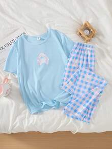 两件套女童休闲罗纹蓝色上衣（可爱兔子印花）和格子印花裤子睡衣套装 - 淺藍色 - 查看 1
