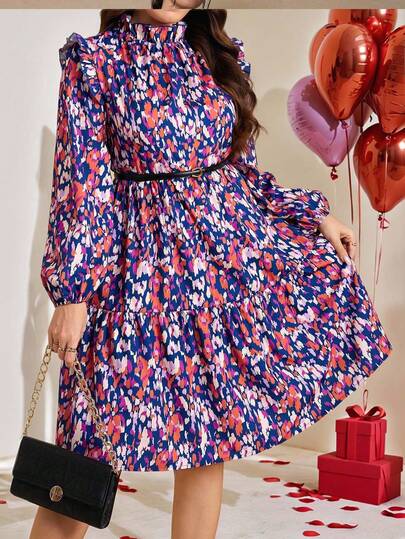 Comfylo Plus Size Women Vacation Allover Print Frill Trim Stand Collar Lantern Sleeve Casual Dress,Women'S Fashionable Floral Dress For Commuting, Fuchsia Dress, Long-Sleeved Elegant Dress, Party Dress, Lantern Sleeve Dress, Outing Outfit, Spring And Autumn Dress, Women'S Casual Dress, Women'S Party Dress, Christmas Party Dress, New Year'S Dress.Dresses For Ladies Summer,Christmas Party Dress,Women'S New Year'S Eve Dresses,Elegant Dresses For Party,Party Dresses For Women,Beach Dress,Elegant Dresses For Women,Casual Dresses For Women,Valentine'S Day Outfits. Valentine'S Day Dresses.Waist-Slimming Mini Dress,Summer Dresses,Elegant Dresses, Women Boho/Bohemian Dress,Resort Dresses Printed Dress Pattern Dress Colorful Dress Print Dresses For Women