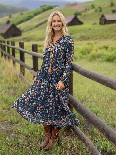 EMERY ROSE Women's Casual Floral Print Dress For Vacation Long Floral Dress Women French Dresses For Women Boho Dress Women Cottagecore Dress Women Dresses Autumn Winter Going Out Outfit