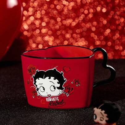 Betty Boop x SHEIN Cốc sứ 400ml in hình trái tim và hoa hoạt hình, quà tặng lý tưởng cho tiệc tùng, ngày lễ, Lễ Tình nhân.