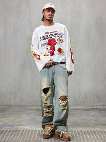 SHEIN HOT STUFF Men's Casual Letter & Cartoon Graphic Long Sleeve T-Shirt, Autumn - White - View 4