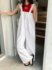 DAZY Women & Girls Casual Washed Denim Loose Straight Leg Bib Overall Jumpsuit - White - View 1