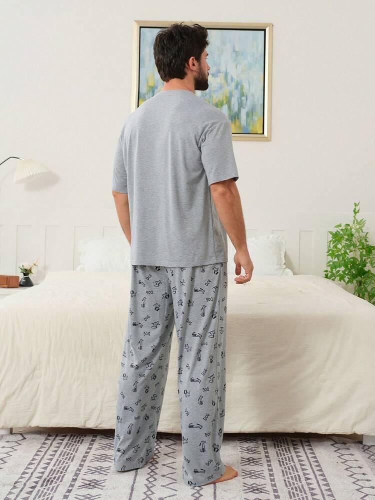 Men's Dog Print T-Shirt And Pants Matching Casual Loungewear Set, Spring/Summer