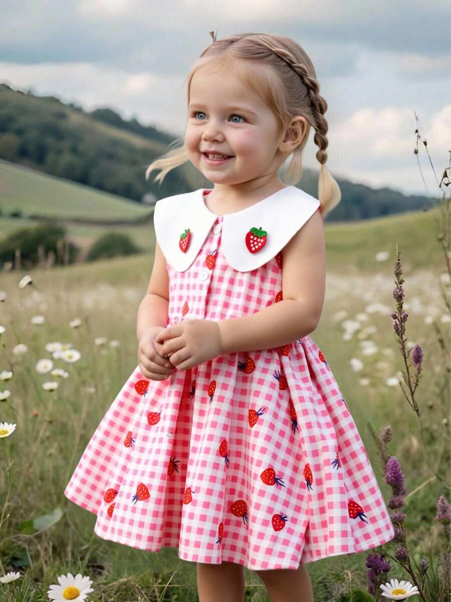 女婴草莓格子印花领绣草莓图案休闲连衣裙，适合日常穿着和度假穿着。 - 粉色 - 查看 1